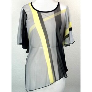 Picadilly Women Sheer Mesh Geometric Abstract Print Flutter Sleeve Blouse S